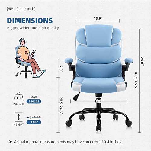 Blue Desk Chair Ergonomic Office Chair Lumbar Support Desk Chairs With Wheels And Flip-Up Armrest Adjustable Pu Leather Computer Chair Backward Tilt, Blue #TOP1