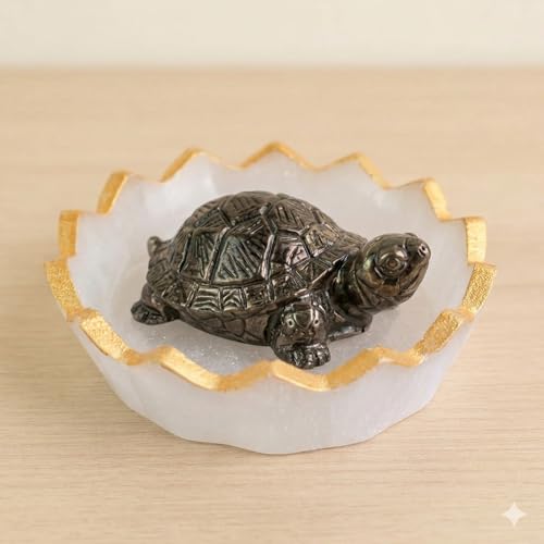 Image of Certified Natural Pyrite Tortoise (Kachhua) with Natural Selenite Charging Bowl - Vastu Feng Shui Wealth, Money Attraction, Positive Energy & Home Decor Crystal Set