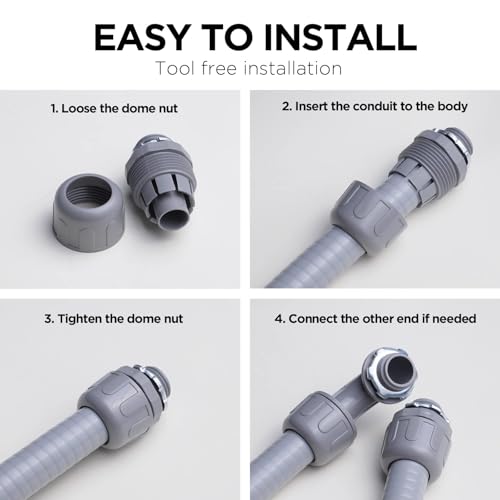 Image of Conduit Connectors, 1 /2 Inch, Straight, Grey, 300-Pack | Liquid Tight Connector, NPT, Non-Metallic, for PVC Electrical Flexible Conduit Fittings, 180 Degree, UL Listed