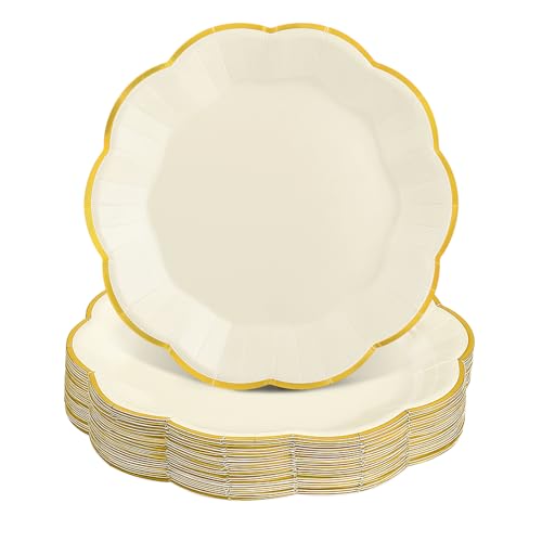 Image of NatNarr 30 Pcs Beige and Gold Paper Plates 7 Inch Cream Appetizer Plates | Ivory Plate with Gold Trim Scalloped Wedding Plate for Baby Shower, Wedding, Birthday, Tea Party, Dinner