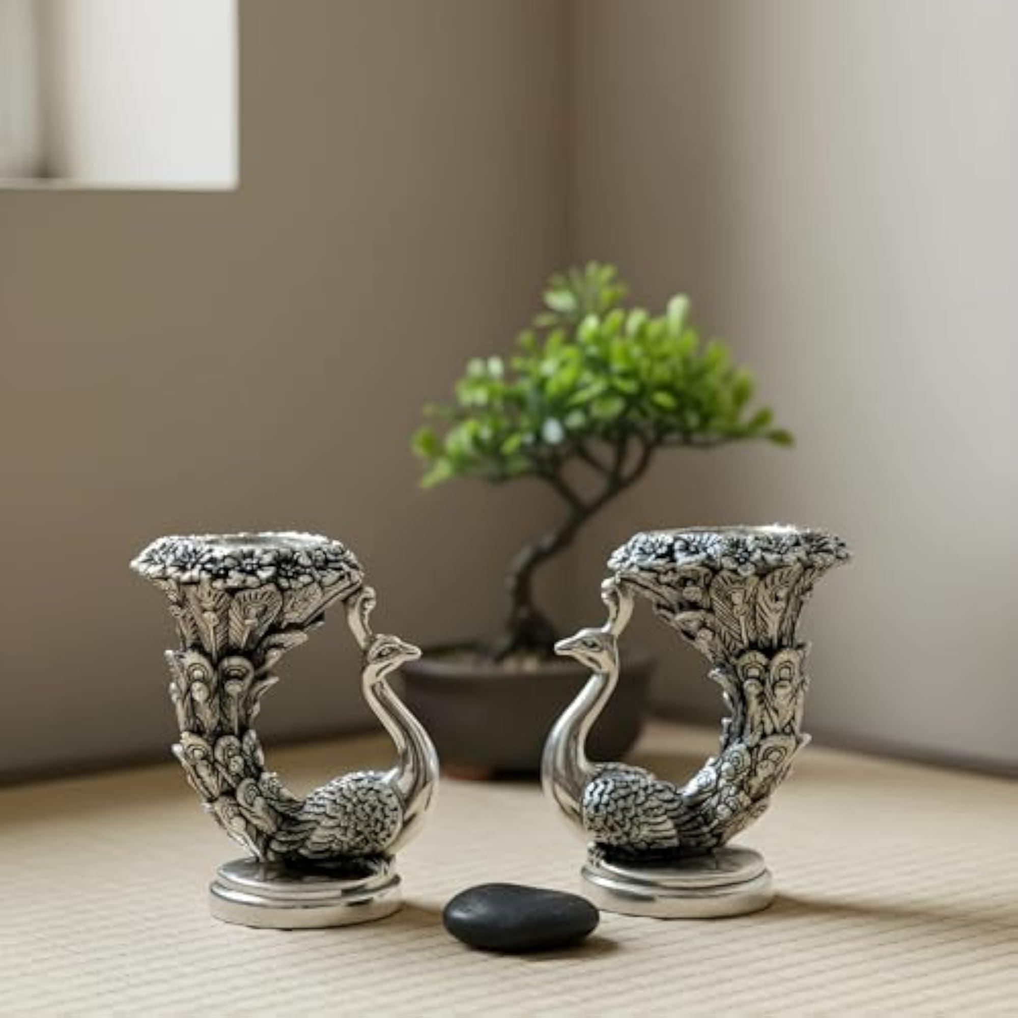 Pack of 2 Silver Plated Peacock Idol Candle Holders