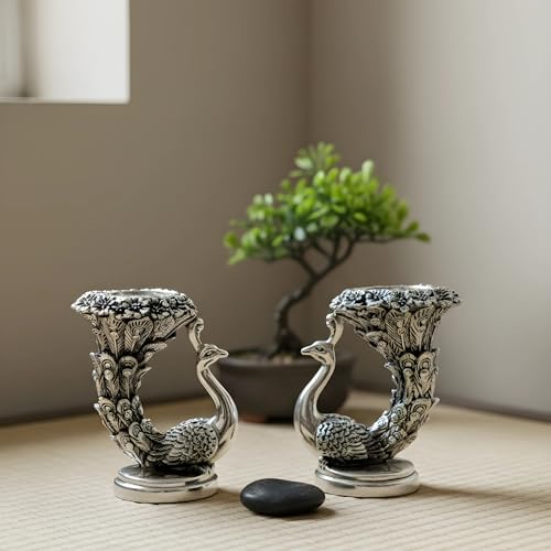 Image of 999 Pure Silver Plated Peacock Idol (Pack of 2) - 9.5 cm Height - Luxury Decorative Tabletop Showpiece & Candle Holder - Elegant Home Interior Decor Accents - Premium Gift Set
