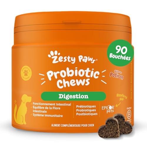 Zesty Paws Probiotic - Complément pour Chien sous Forme de friandise - Probiotique Chien - Système Immunitaire - Combinaison inédite prébiotiques, probiotiques et postbiotiques - 90 Unités