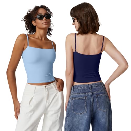 Image of QINSEN Women's Double Lined Basic Tank Top Adjustable Spaghetti Straps Sleeveless Camisole Shirts
