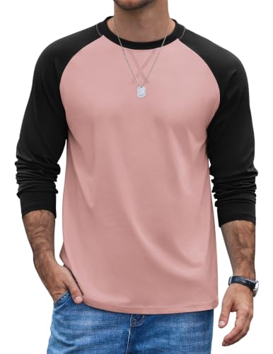 Image of COOFANDY Mens Long Sleeve T Shirt Cotton Raglan Black/Pink 2XL