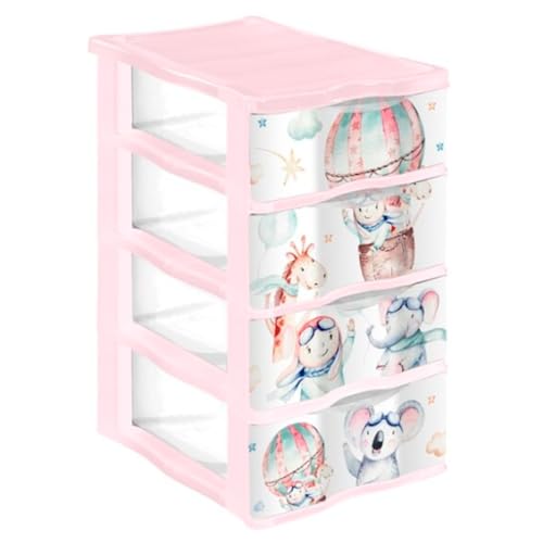 Tradineur - Cajonera de plástico, modelo Volar, 4 cajones transparentes, torre almacenaje, dormitorio infantil, fabricada en España (Rosa - 36 x 28 x 49 cm)