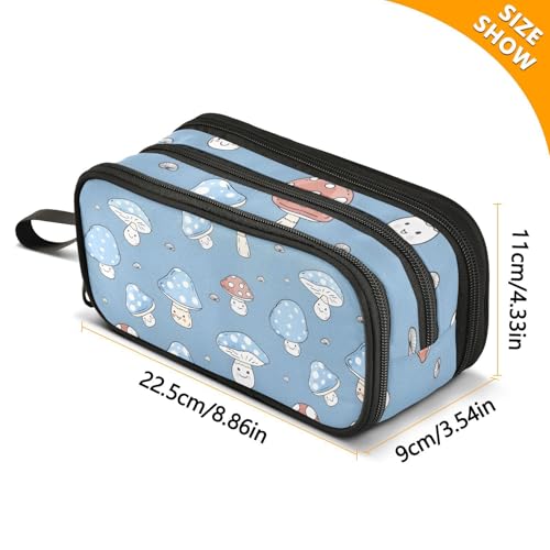 Image of ALAZA Mushrooms Blue Pencil Case Large Capacity Pencil Pouch Box Boys Girls School Supplies Pen Case Bag with Handle 3 Compartments Zipper
