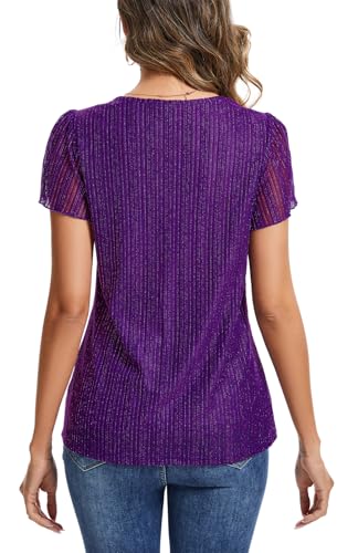Womens Glitter Tops Short Sleeve Dressy V Neck Sparkly Casual Double Layers Shirts2