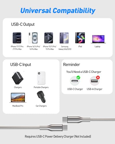 Image of Metal Braided USB-C to USB-C Cord Chew Proof - 6.6ft 60W PD Fast Charging & Data Sync, Stainless Steel Indestructible Tangle-Free Cat Dog Chew Proof Charger Cable for iPhone 17 16 Galaxy Pixel, Silver