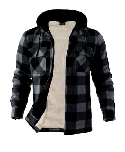 Facitisu Men’s Hooded Flannel Shirts Jacket Quilted Lined Plaid Jackets Button Down Winter Outwear Grey 2XL