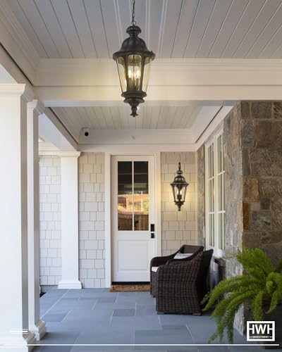 Image of Outdoor Pendant Lights for Porch, HWH 26'' Large Exterior Hanging Light Fixtures with Seeded Glass, Outdoor Hanging Chandelier for Porch Patio Gazebo Hallway, Matte Black Finish, 5HW90H-L BK