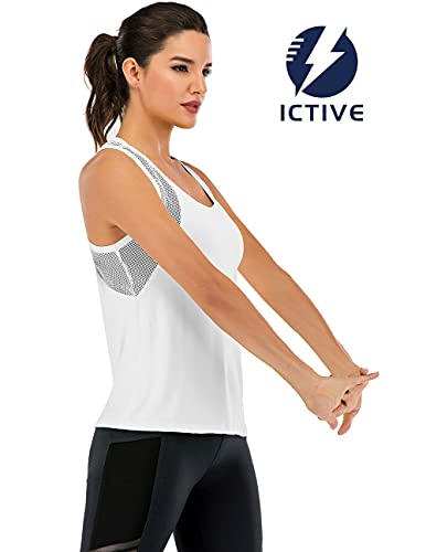 Ictive Women's Mesh Racerback Tank Top - Loose Fit Yoga, Gym, Running Activewear, White M #TOP2