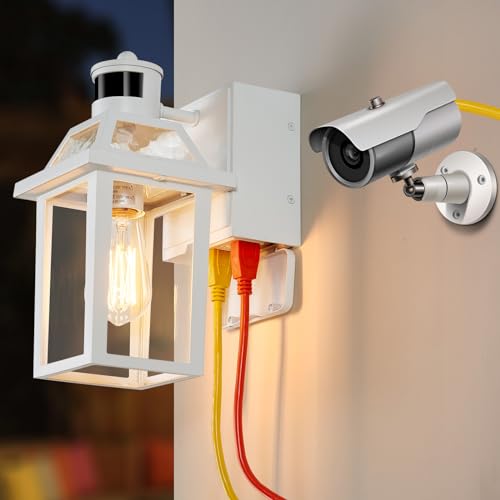 Image of Yisuro Porch Lights with GFCI Outlet, Dusk to Dawn Motion Sensor Outdoor, 3 Lighting Modes Exterior Light Fixture, Outside for House Front Door Patio Garage(White)