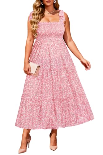Image of Plus Size Summer Dress - Sun Boho Beach Casual Floral Tiered Smocked Long Maxi Dresses