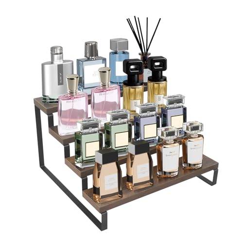 Yuhtech 4-stöckiger Holzständer, Produkt-Ausstellungsregal, Parfüm-Organizer, Gewürzregal, Holz-Stufenregal, Aufbewahrungshalter für Hautpflege, Dessert, Puppen, kleine Pflanzen