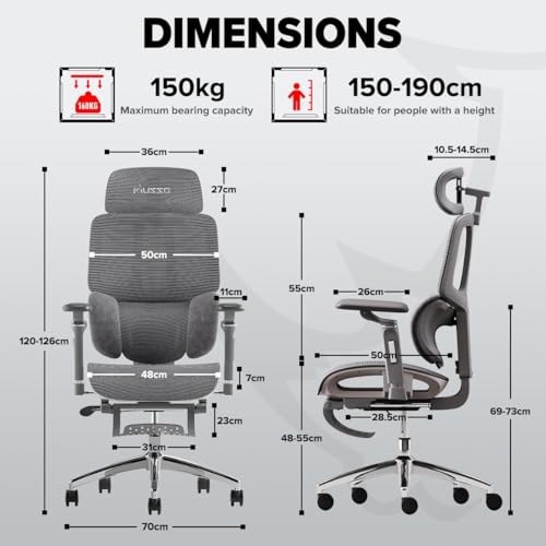 MUSSO H80 Pro ergonomiczne krzesło biurowe, z siateczką, 3-strefowe, dynamiczne podparcie okolic lędźwiowych, regulowany podłokietnik 4D, 5-stopniowa regulacja oparcia, krzesło biurowe, podnóżek