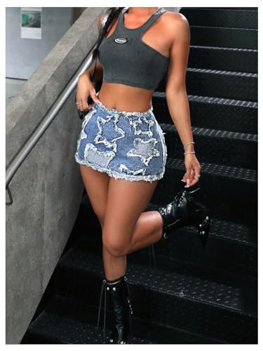 WDIRARA Women's Star Pattern Ripped Raw Hem Bodycon Pencil Skirts Slim Fit Y2K Cheeky Denim Hip Skirt3