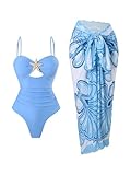 Milumia Women's Starfish Cut Out Ruched One Piece Swimsuit with Beach Sarong Coverups Skirts Blue Medium