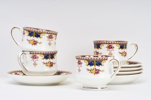 Image of GOLDEN QUEEN'S Cup & Saucer Set | Perfect for Hosting & for Tea /Coffee Lovers | Handcrafted in India, Inspired by Florals & 24-Carat Gold Rim | 6 Cups & 6 Saucers |170 ml (Blush & Blue Cascade)