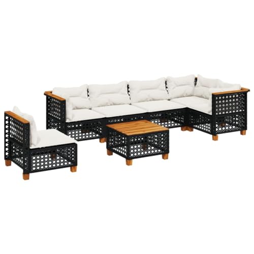 Foknhdi - Salón de jardín (7 piezas, ratán negro, 63,5 x 63,5 x 62 cm, tablero de madera de acacia, resistente a los rayos UV, sistema modular que ahorra espacio con cojines blanco crema