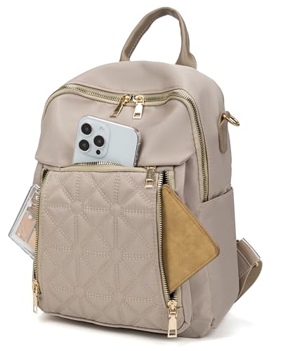 Image of Pealwel Mini Nylon Women Backpacks,Small Ladies backpacks Lightweight Shoulder Satchel Bag Tote Handbag Casual Travel Daypack (Light Khaqi)