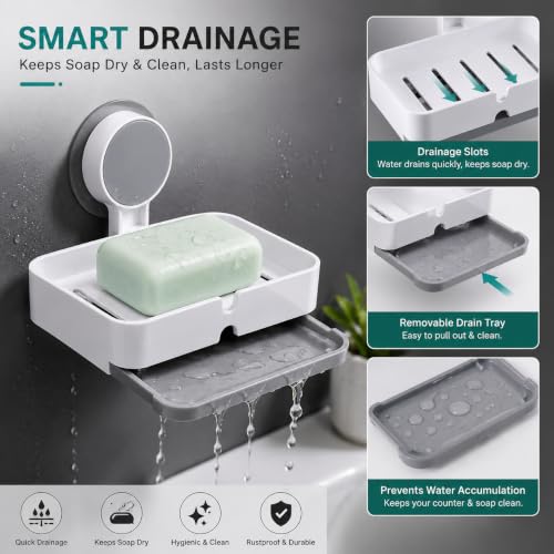 Image of Zollyss Self Adhesive Soap Holder for Bathroom & Kitchen | No Drill Wall Mounted Soap Dish with Drain Tray | Waterproof ABS Plastic