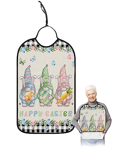 Spring Easter Adult Bibs for Eating, Waterproof Bibs with Food Catcher & Adjustable Snap Closure, Black White Checkered Gnomes Bunny Colorful Eggs Clothing Protectors Adult Bibs for Elderly Women/Men