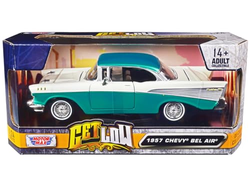 1957 Chevy Bel Air Lowrider turquoise métallisé et blanc Get Low Series 1/24 Modèle de voiture moulé par injection de Motormax 79029