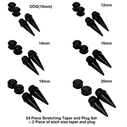 Zhichengbosi 24 Pieces Big Ear Gauges Kit, Acrylic Tapers and Plugs Double O-Rings Stretching Set (Black)