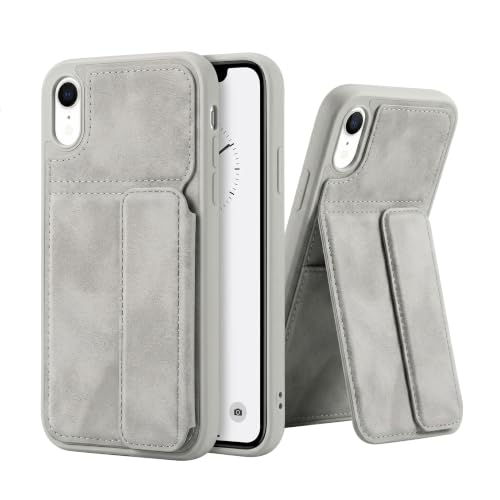 Image of amazon basics Luxury Vegan Leather Back Cover for iPhone XR | Built-in Card Holder Slot | Integrated Mobile Stand | Slim Shockproof Protective Case with Stitched Finish - Gray