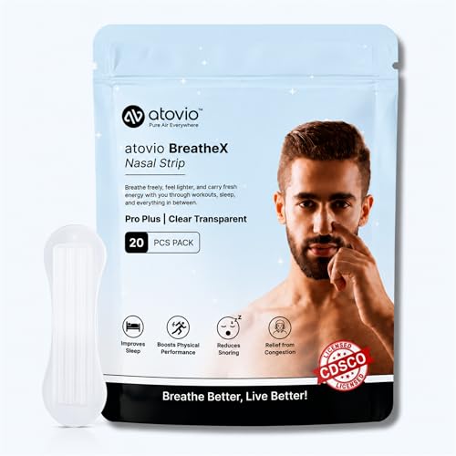 Image of Atovio BreatheX Nasal Strips - Extra Strength Snoring & Congestion Relief | Sweat-Proof, Hypoallergenic Adhesive | Opens Nasal Passages for Better Breathing, Sleep & Sports Performance | CDSCO Licensed (Transparent, Pack of 20)