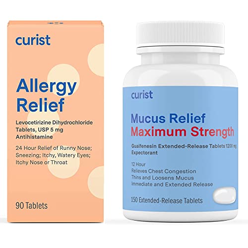 Curist Generic Levocetirizine 5 Mg (90 Tablets) Allergy Pills, 24 Hour Allergy Relief & Generic Guaifenesin 1200 Mg (150 Tablets) Extended Release - Maximum Strength Mucus Relief #TOP11