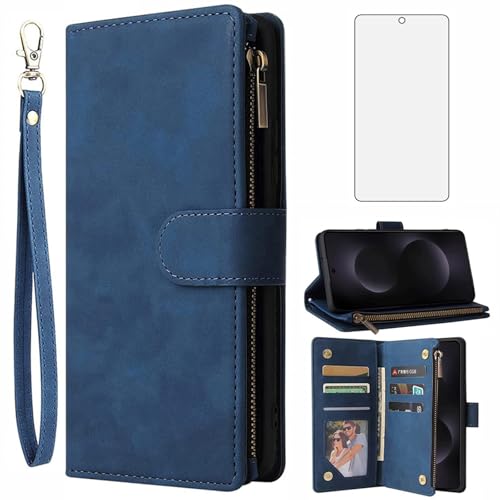 Étui Samsung Galaxy S25 Edge 5G cuir bleu bleu portefeuille avec verre trempé