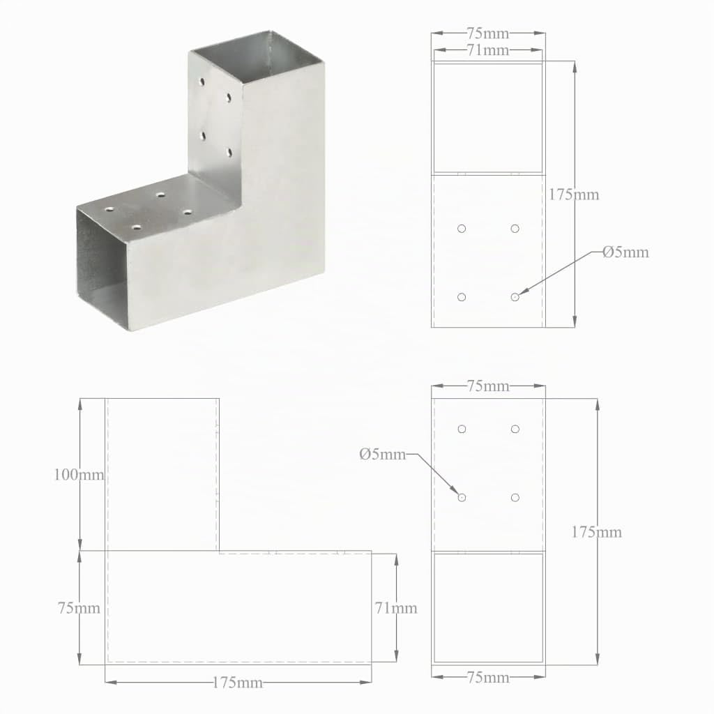 vidaXL 4X Connecteurs de Poteau Forme en L Poutre en Bois Jardin Extérieurs Auvents Electro-galvanisé Galvanisé à Chaud Métal Galvanisé 71x71 mm
