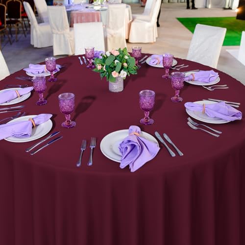 Image of 16 Pack Maroon Plastic Tablecloth for Round Tables, Premium Decorative Burgundy Disposable Table Cloths for Parties, Maroon Round Party Table Cover for Birthday Anniversary Graduation, 84 Inch