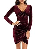 Nadeer Evening Dress Ladies Party Dresses Womens Velvet Wrap V Neck Long Sleeve Ruched Mini Dress Elegant Bodycon Cocktail Midi Dress(Wine Red,L)