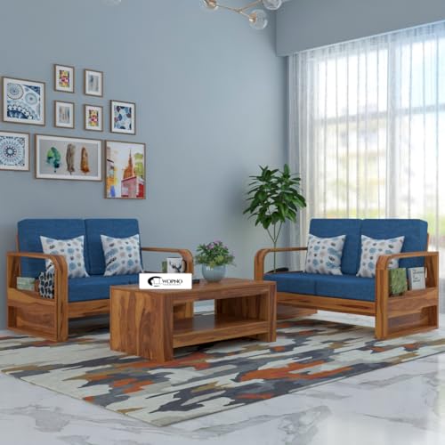 Image of Solid Sheesham Wooden 4 Seater Sofa Set for Living Room | Sofa Set with Side Pocket Storage & Cushion | Rosewood Sofa Set for Home (Honey with Blue Cushion, 4 Seater)