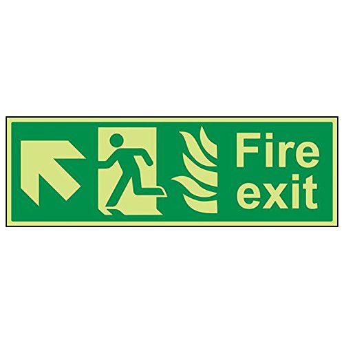VSafety 14026BP-G'NHS Fire Exit Arrow Up Left' Señal de paisaje, 600 mm x 200 mm (paquete de 3)