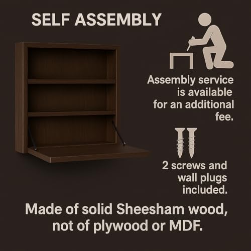 Image of Solid Sheesham Wood Wall Mounted Foldable Study Desk | Walnut Finish | Space Saving Writing Table with Shelves | Self Assembly with Screws & Plugs (Walnut)