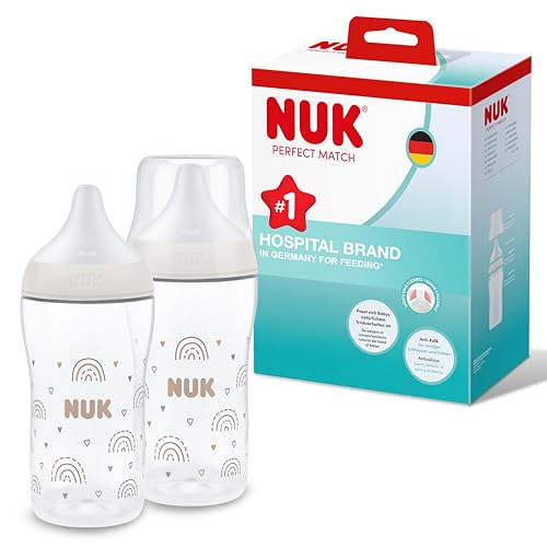 NUK Perfect Match Baby Bottles Set | 3+ Months | Adapts to Baby's Palate | Temperature Control | Anti Colic Vent | 260 ml | BPA-Free | Medium Silicone Teat | Rainbow | 2 Count