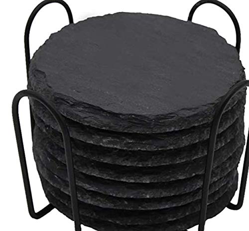Slate Coasters Drink Coasters with Holder, 6 Pieces Rustic Round Handmade Coasters Black for Bar, Home, Restaurant, Hotel, Office Look Great Sturdy Utility, Ideal for Tea Coffee Mug, Cup