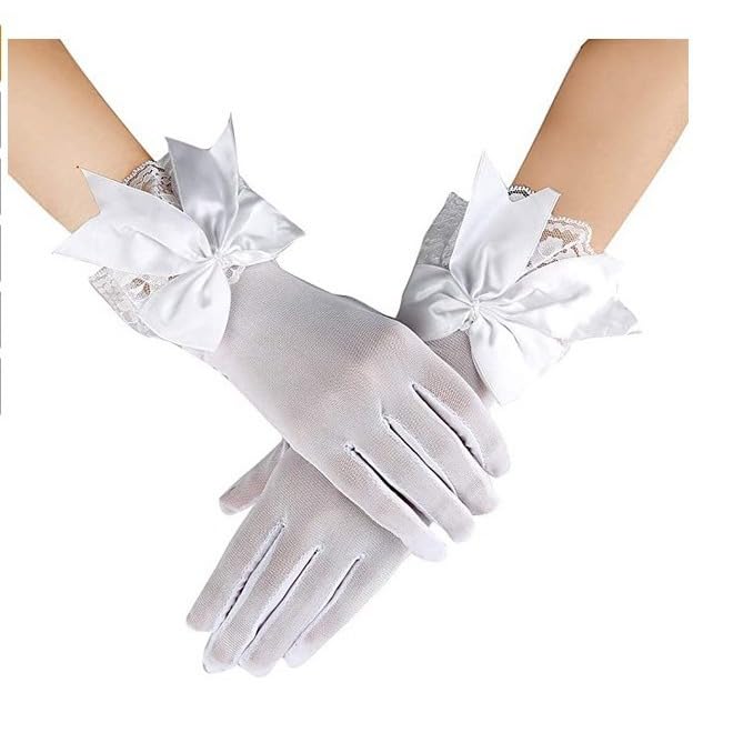 Ladies Lace Wedding Gloves, Tea Party Gloves, Bow Short Mittens Evening Elegant Accessories2