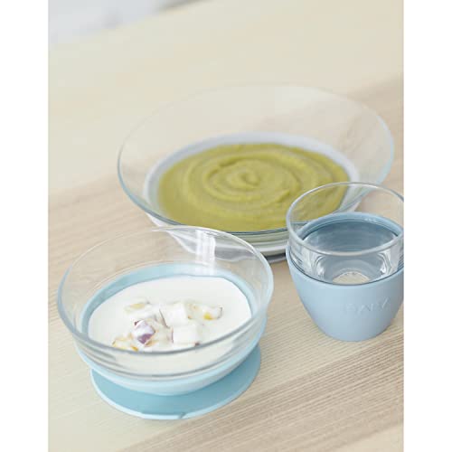 Image of BEABA 3-Piece Glass Meal Set with Suction Pad, Toddler Plate and Baby Bowls with Suction, Non Slip Kids Dinnerware Set, 2.5x Stronger than Regular Glass, (Rain)