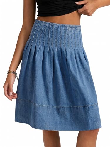 Flowyair Womens Denim Skirt Pleated High Waisted Summer A-Line Knee Length Midi Jean Skirt Blue