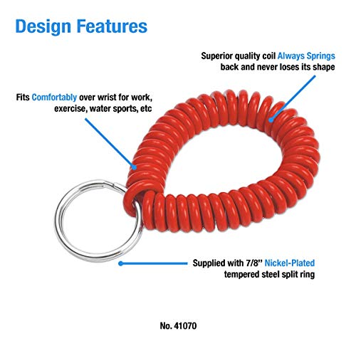 Image of Lucky Line 2 inch Spiral Wrist Coil with Steel Key Ring, Flexible Wrist Band Key Chain Bracelet, Stretches to 12 inch, Red, 10 PK (41070)