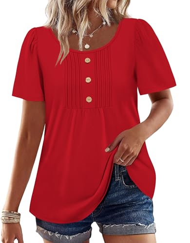 Christmas Shirts for Women Valentines Day Tops Thanksgiving Outfits Short Sleeve Shirts Dressy Casual Blouses Scoopeed Neck Plus Size Spring Clothes Red 3XL