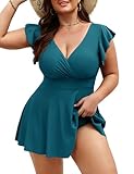 Nadeer Tankini Mujer Tallas Grandes Traje de Baño 2 Piezas Reductor Barriga con Mangas Volantes Alta Cintura Shorts Bañadores con Falda para Playa Piscina Verano(Verde Pavo Real,3XL)