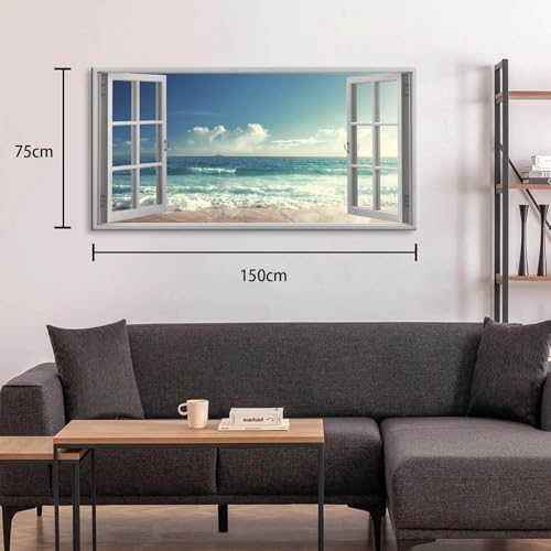 Blue Wall Decor - Beach Picture Canvas Prints Seascape Large Living Room Decor Coastal Wall Decoration Ocean Wall Art Beach Wall Art Picture Fake Window Landscape Home Decoration Stretched 30x60inch - Image 3