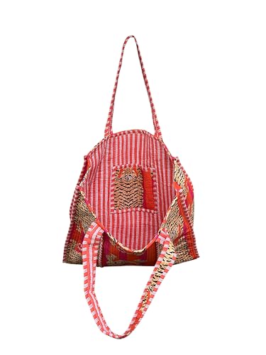 Image of Quilted Cotton Handprinted Reversible Large multicolor Floral Tote Bag,Hand Block Print Shopping Shoulder Carry Bag