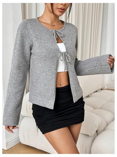 Verdusa Women's Long Sleeve Bow Tie Cardigan Round Neck Knitted Bolero Shrugs4